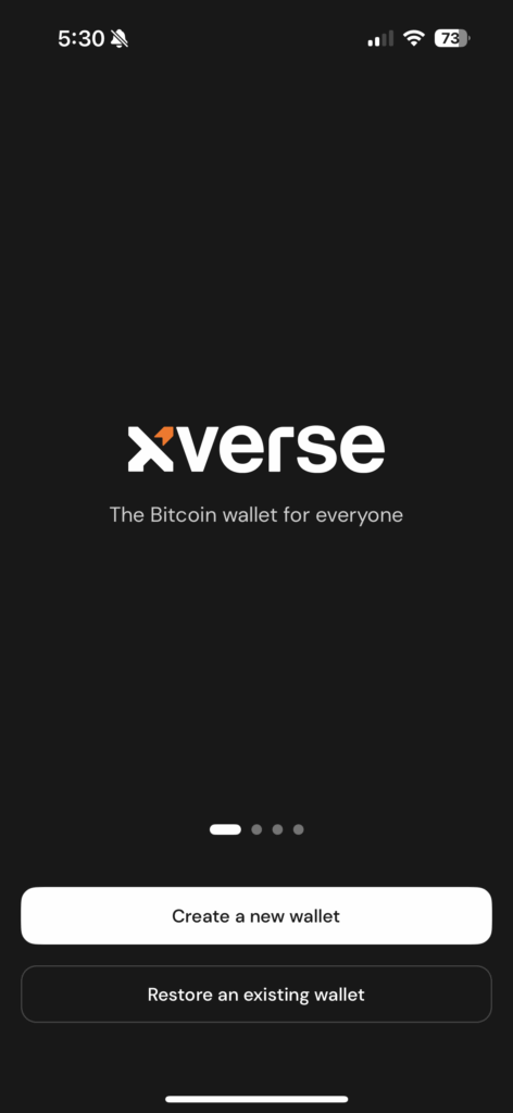 Creating a new Xverse wallet Xverse home page