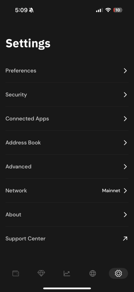 Settings page of an Xverse wallet