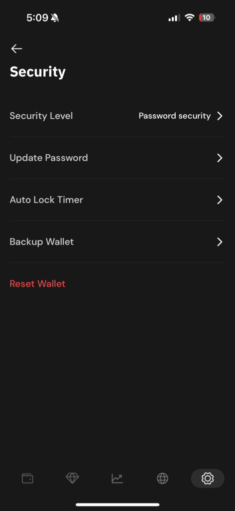 Security page of an Xverse wallet