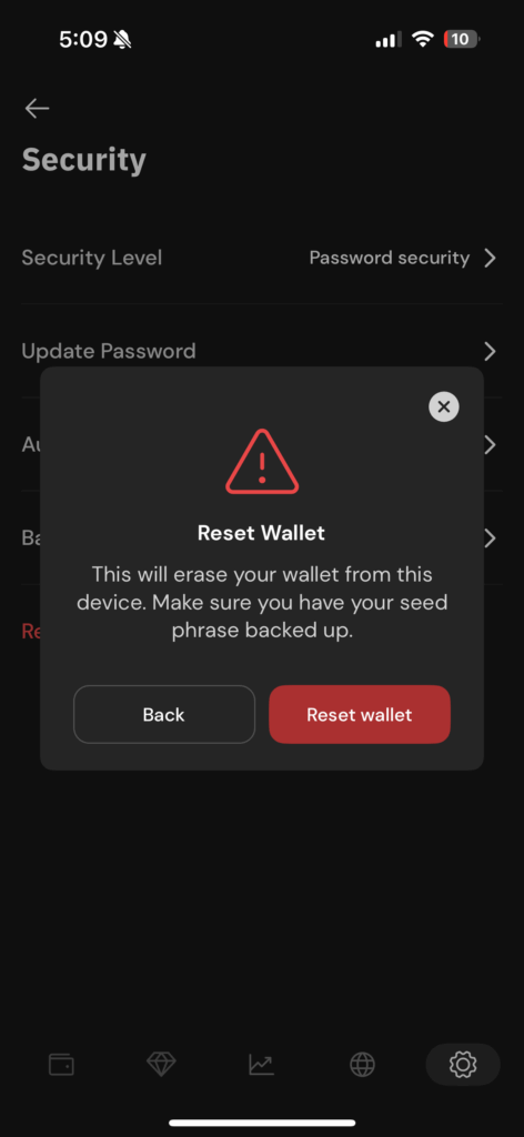 Confirm wallet reset on Xverse