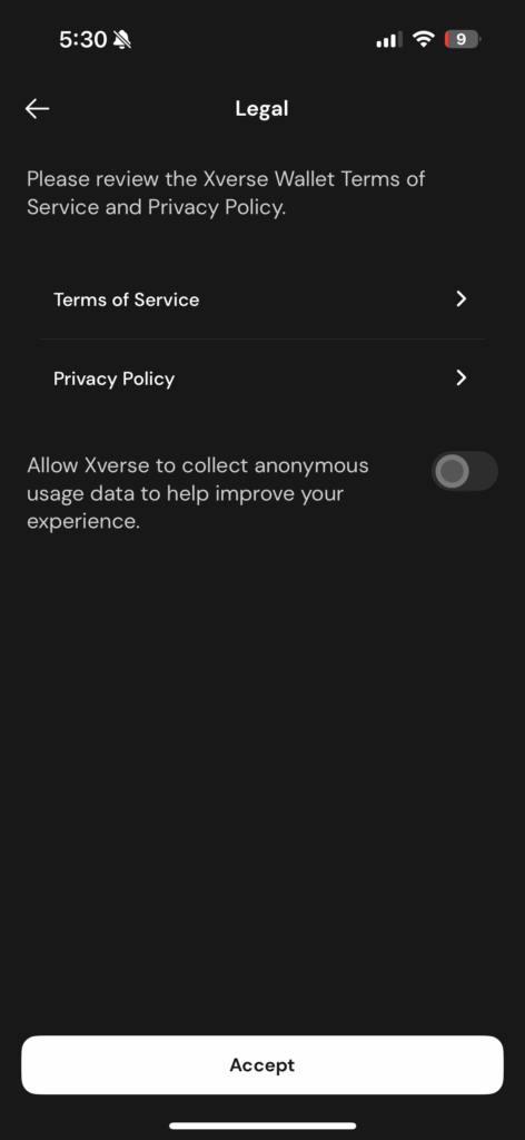 Xverse wallet terms and conditions and privacy policy check box