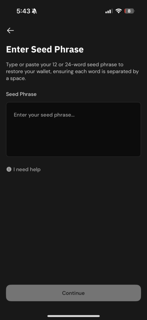 Xverse wallet seed phrase page