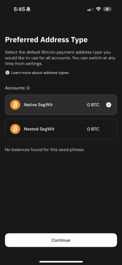 SegWit selection Xverse wallet