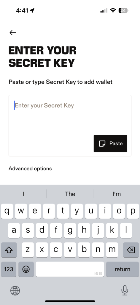 Enter secret key to restore a Leather crypto wallet