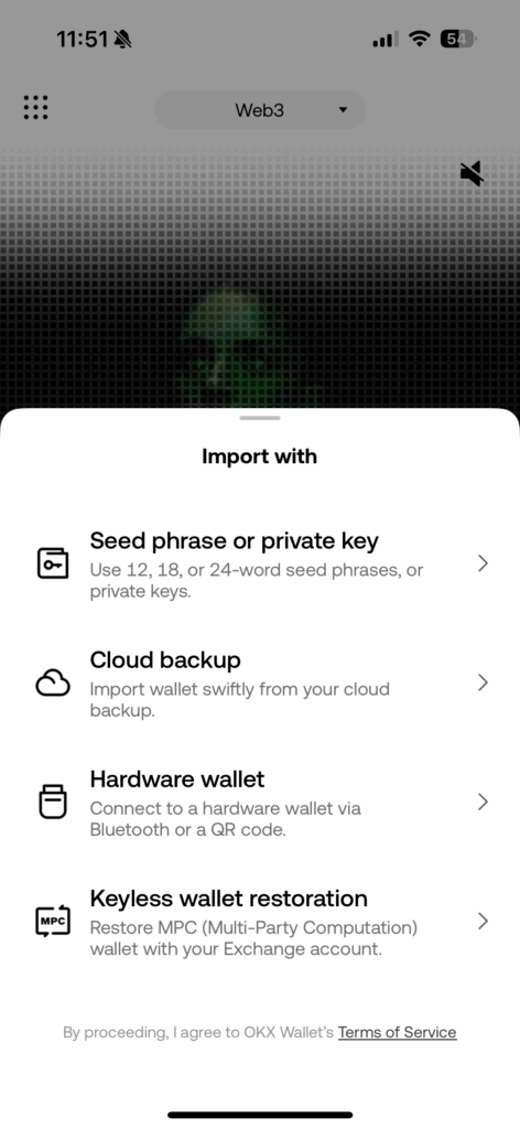 Importing an existing OKX wallet using seed phrase