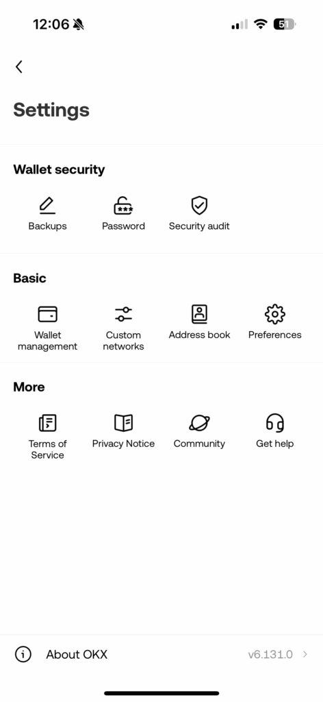 OKX crypto wallet menu